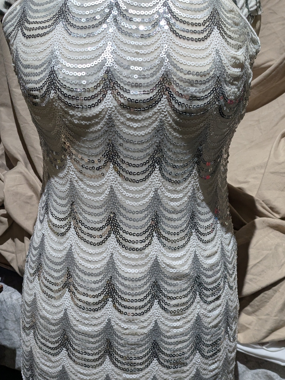 Crystal Doll Strapless Sequin Scallop Sheath Dress in Silver and White